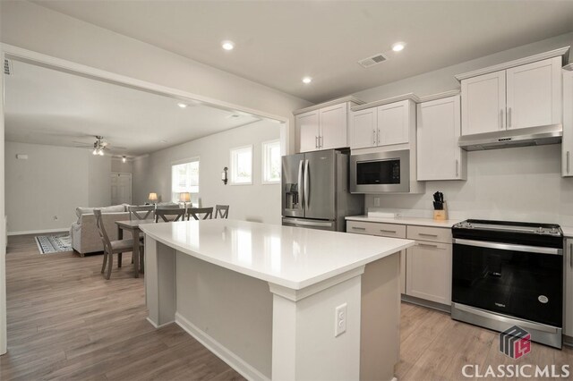 1260 Starboard Way, Greensboro, GA 30642 - kitchen featuring appliances with stainless steel finishes, under cabinet range hood, light wood-type flooring, a center island, and recessed lighting
