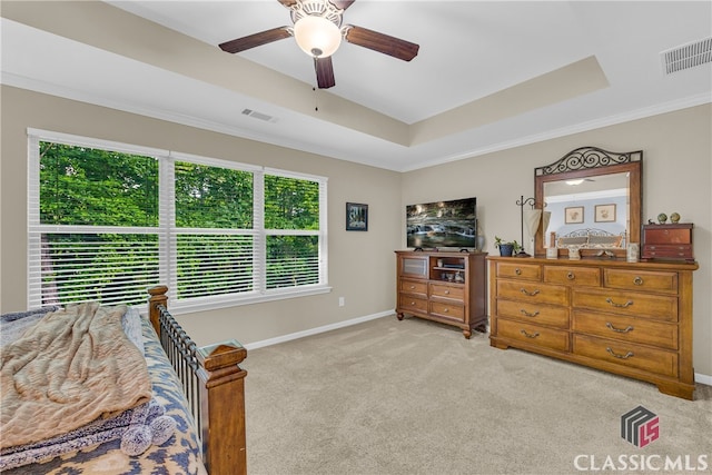 263 Turtle Creek Dr, Winder, GA 30680 - bedroom featuring light colored carpet, a raised ceiling, a ceiling fan, and ornamental molding