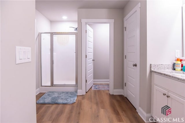 11 Rachel, Hartwell, GA 30643 - full bath featuring a stall shower, wood finished floors, vanity, and recessed lighting