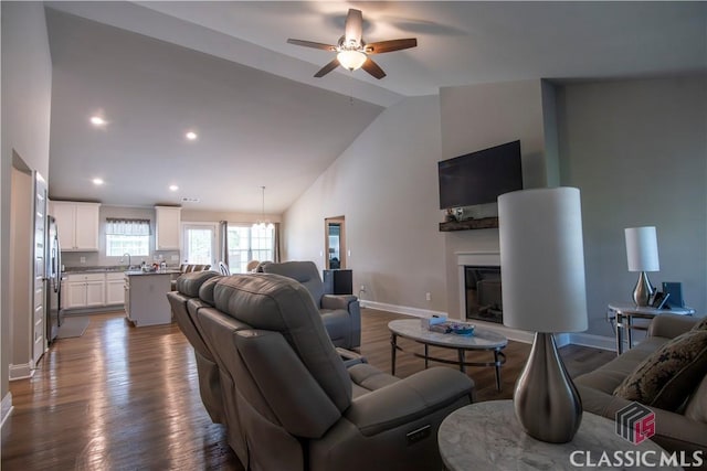 11 Rachel, Hartwell, GA 30643 - living area featuring ceiling fan, wood finished floors, a glass covered fireplace, recessed lighting, and high vaulted ceiling