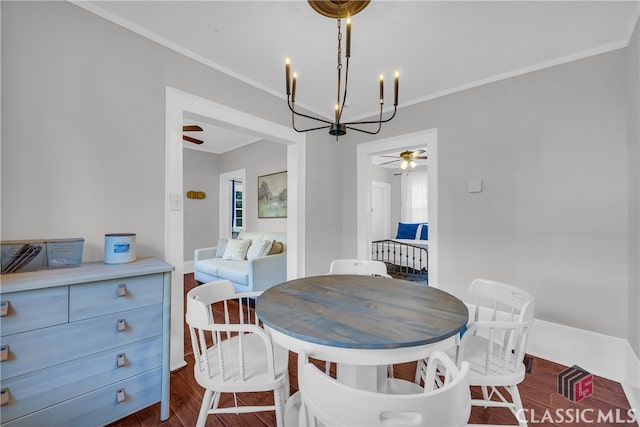 1376 Hancock Ave W, Athens, GA 30606 - dining area with a ceiling fan, a chandelier, dark wood-type flooring, and crown molding