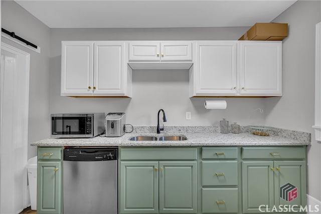 1376 Hancock Ave W, Athens, GA 30606 - kitchen featuring appliances with stainless steel finishes, green cabinetry, white cabinetry, and light stone counters