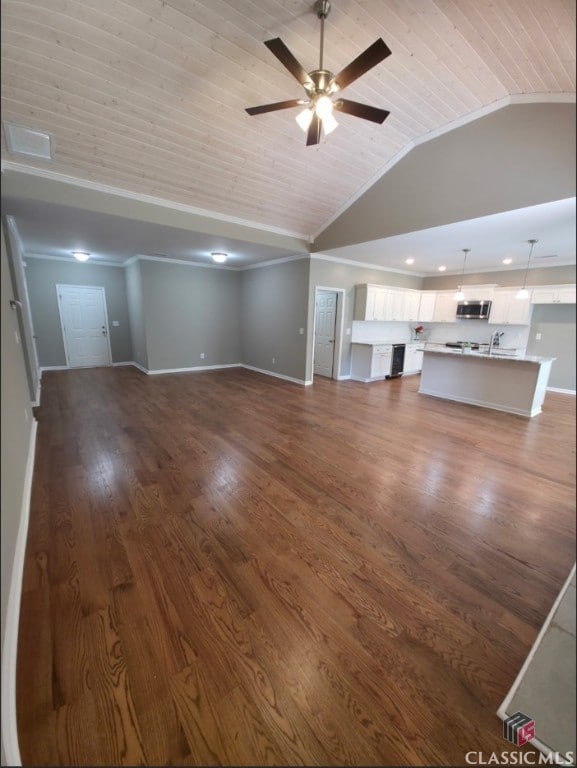 1070 Lane Creek Ter, Bishop, GA 30621 - unfurnished living room featuring vaulted ceiling, a ceiling fan, wood ceiling, dark wood-style flooring, and crown molding