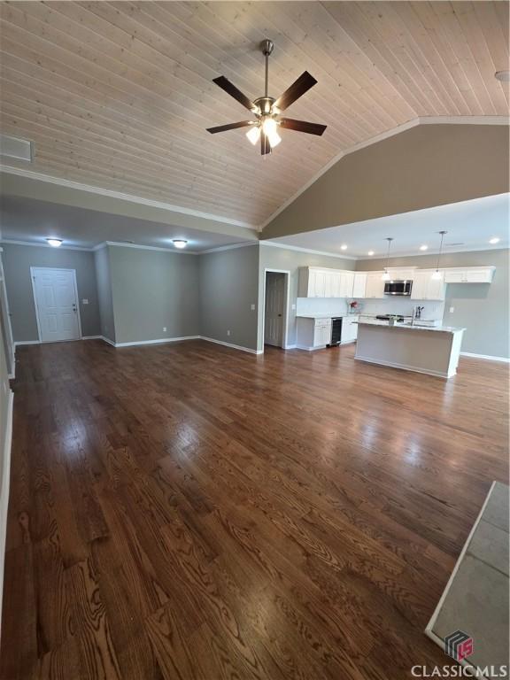 1070 Lane Creek Ter, Bishop, GA 30621 - unfurnished living room featuring wooden ceiling, ceiling fan, dark wood-style floors, and high vaulted ceiling
