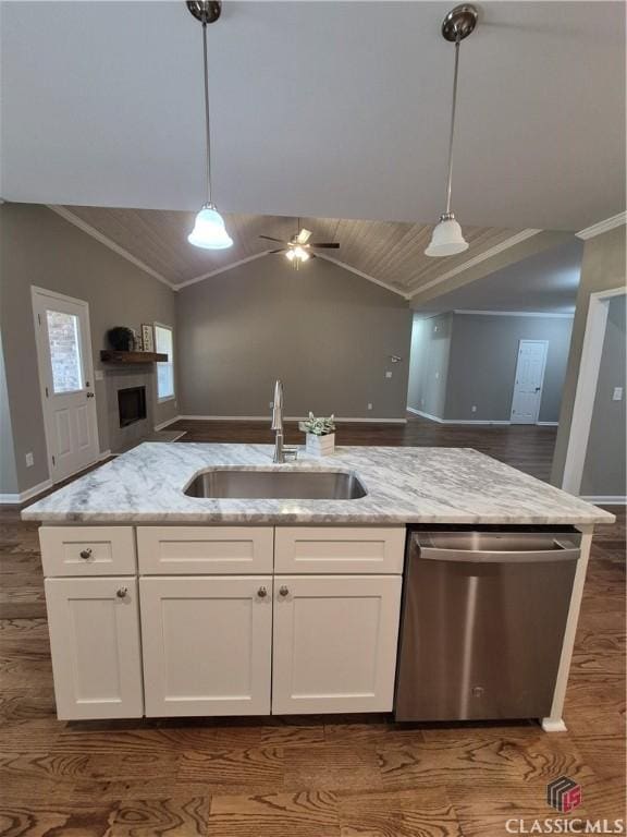 1070 Lane Creek Ter, Bishop, GA 30621 - kitchen featuring dishwasher, open floor plan, vaulted ceiling, dark wood-style floors, and ceiling fan