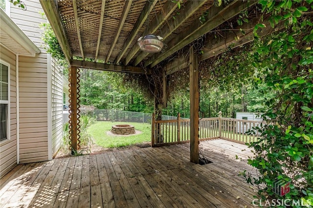 94 Pinewood Cir, Colbert, GA 30628 - wooden terrace featuring a fire pit, a fenced backyard, and a storage shed