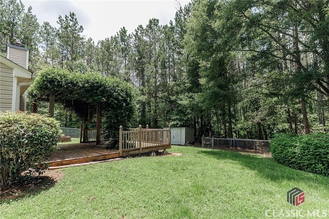 94 Pinewood Cir, Colbert, GA 30628 - fenced backyard with a storage unit and a deck