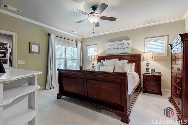 1640 Madison Ct, Bogart, GA 30622 - bedroom featuring light colored carpet, a ceiling fan, and ornamental molding