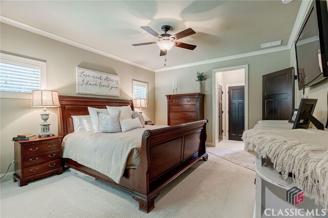 1640 Madison Ct, Bogart, GA 30622 - bedroom featuring light carpet, multiple windows, ornamental molding, and a ceiling fan