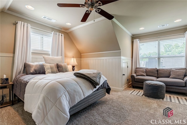 1640 Madison Ct, Bogart, GA 30622 - carpeted bedroom featuring multiple windows, wainscoting, vaulted ceiling, recessed lighting, and a ceiling fan