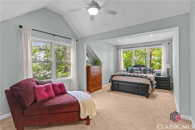 2061 Sugar Creek Trl, Buckhead, GA 30625 - carpeted bedroom featuring vaulted ceiling, multiple windows, ceiling fan, and recessed lighting