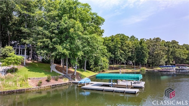 2061 Sugar Creek Trl, Buckhead, GA 30625 - dock with a water view, a lawn, view of scattered trees, and boat lift