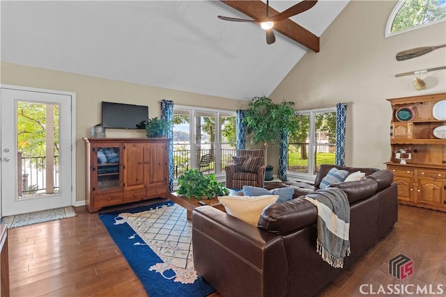2061 Sugar Creek Trl, Buckhead, GA 30625 - living area featuring high vaulted ceiling, ceiling fan, wood finished floors, beam ceiling, and plenty of natural light