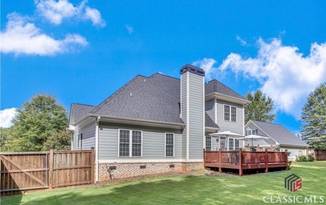 1105 Harperfield Dr, Bogart, GA 30622 - back of property featuring crawl space, a wooden deck, a chimney, and a shingled roof