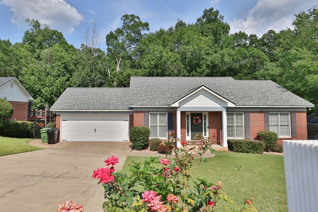 8008 Lagoon Ct, Columbus, GA 31904 - ranch-style house with an attached garage, driveway, brick siding, a front yard, and a shingled roof