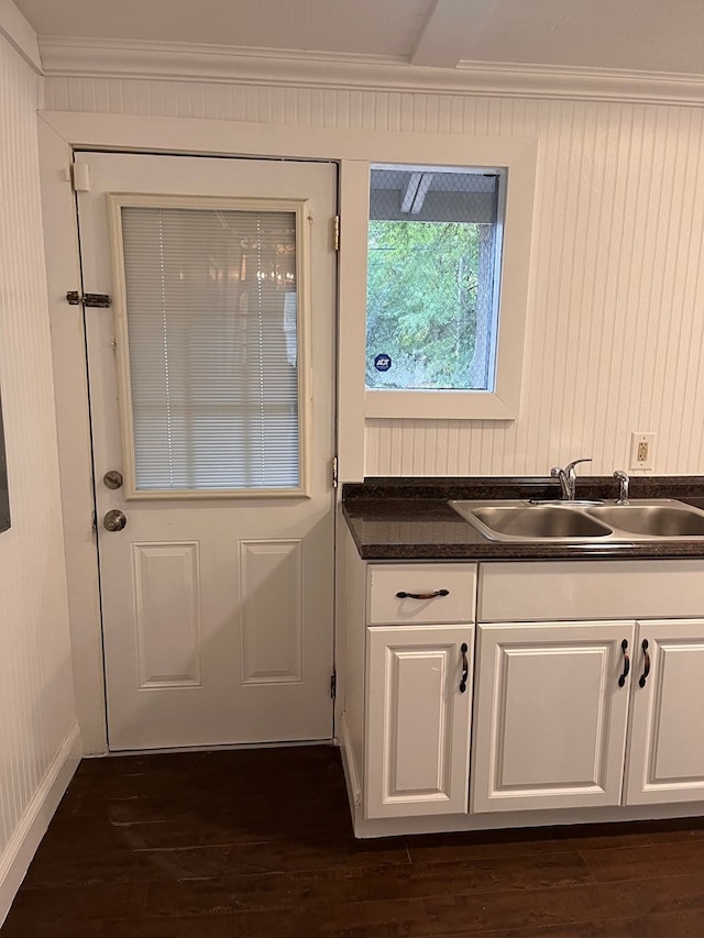 entryway featuring dark wood-style flooring, ornamental molding, and a sink