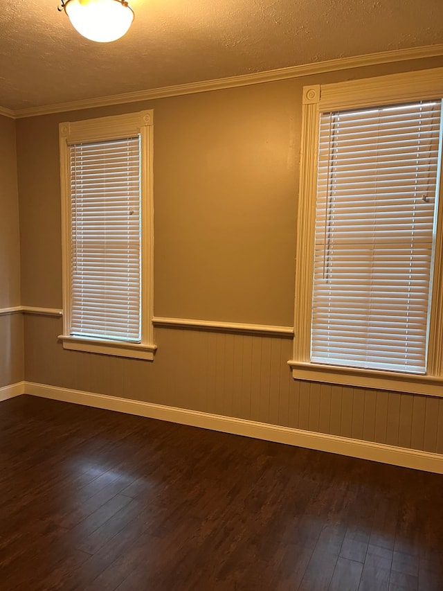 empty room with crown molding, wainscoting, dark wood-style flooring, and a textured ceiling