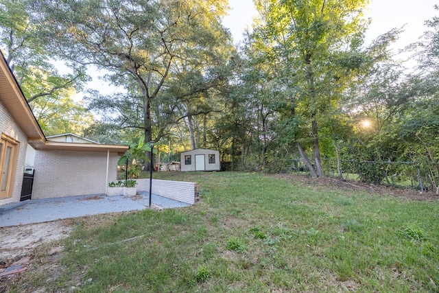 view of yard featuring a shed and a patio area