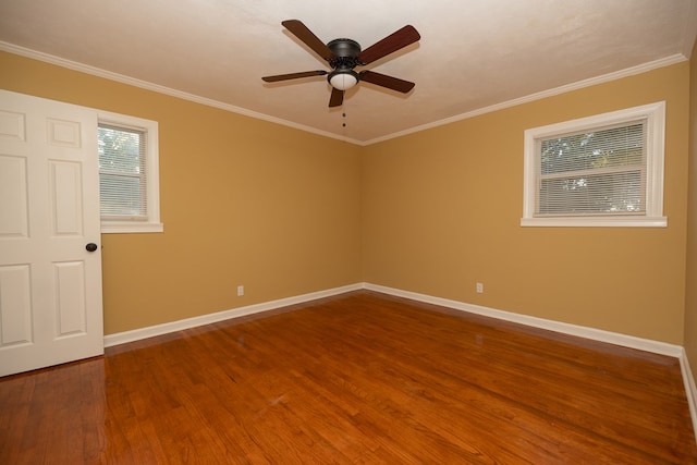 unfurnished room with ceiling fan, hardwood / wood-style floors, and ornamental molding