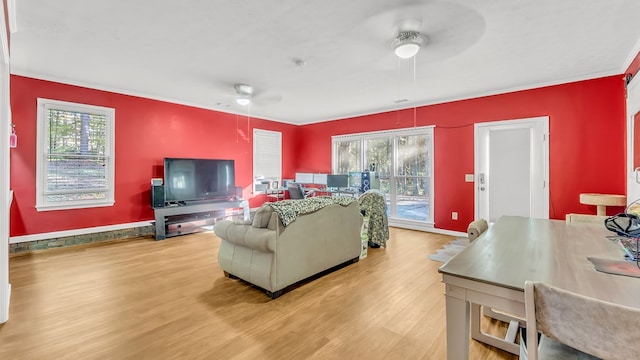 living room with ceiling fan, ornamental molding, a healthy amount of sunlight, and wood-type flooring