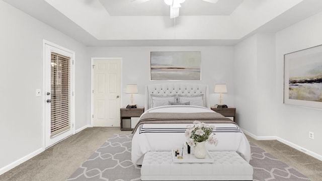 bedroom featuring light carpet and ceiling fan