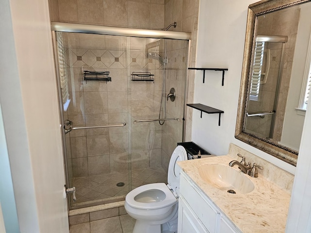 bathroom with tile patterned floors, vanity, toilet, and walk in shower