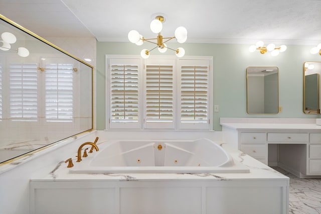 full bathroom featuring plenty of natural light, ornamental molding, and a whirlpool tub