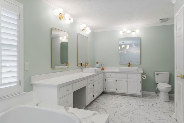 full bathroom with visible vents, toilet, marble finish floor, ornamental molding, and a bathtub