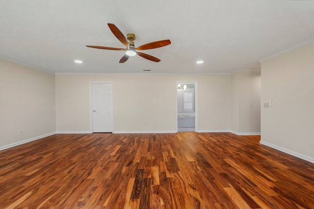 unfurnished room with recessed lighting, crown molding, baseboards, and wood finished floors