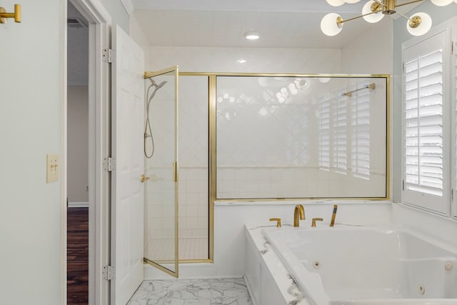 full bath with marble finish floor, a stall shower, and a whirlpool tub