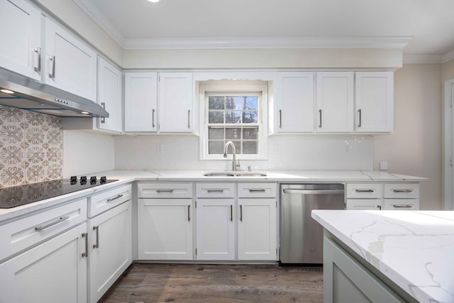 kitchen with white cabinetry, dishwasher, sink, black electric stovetop, and crown molding