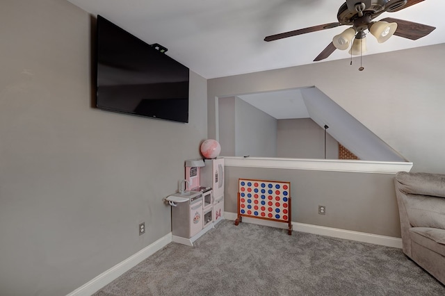 game room with light carpet, vaulted ceiling, and ceiling fan