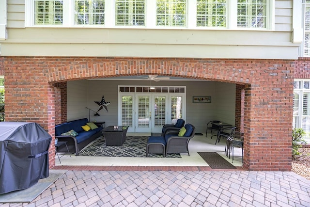 4730 Turnberry Ln Unit 15, Columbus, GA 31909 - view of patio / terrace featuring outdoor lounge area, a ceiling fan, a grill, and french doors