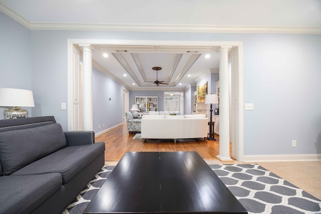 4730 Turnberry Ln Unit 15, Columbus, GA 31909 - living room featuring ornate columns, ceiling fan, crown molding, a raised ceiling, and recessed lighting