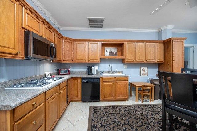 4730 Turnberry Ln Unit 15, Columbus, GA 31909 - kitchen featuring dishwasher, stainless steel microwave, white gas stovetop, crown molding, and light tile patterned floors