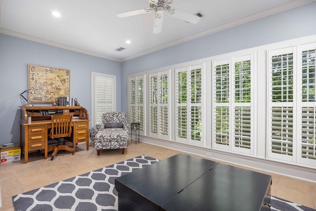 4730 Turnberry Ln Unit 15, Columbus, GA 31909 - office area featuring ornamental molding, light tile patterned floors, ceiling fan, and recessed lighting