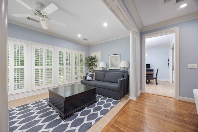 4730 Turnberry Ln Unit 15, Columbus, GA 31909 - living area featuring ornate columns, a ceiling fan, crown molding, recessed lighting, and light tile patterned flooring