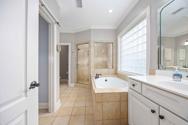 4730 Turnberry Ln Unit 15, Columbus, GA 31909 - full bathroom featuring vanity, a garden tub, a stall shower, tile patterned floors, and crown molding