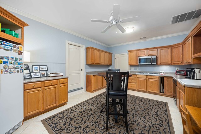 4730 Turnberry Ln Unit 15, Columbus, GA 31909 - kitchen with white appliances, light tile patterned floors, crown molding, a ceiling fan, and open shelves