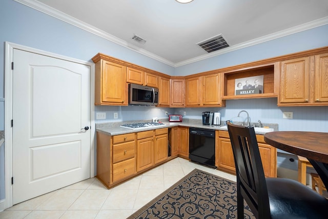 4730 Turnberry Ln Unit 15, Columbus, GA 31909 - kitchen featuring dishwasher, stainless steel microwave, white gas cooktop, light tile patterned floors, and crown molding