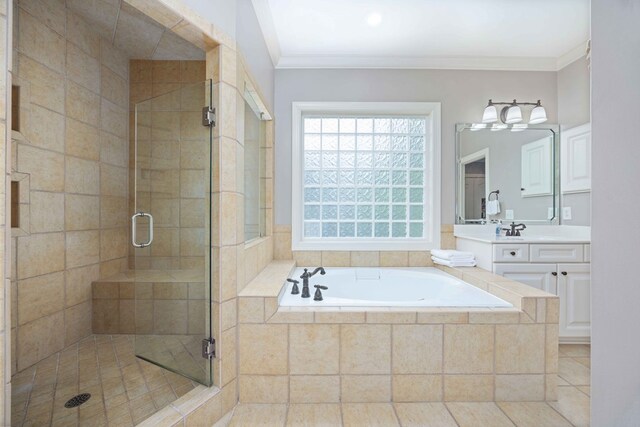 4730 Turnberry Ln Unit 15, Columbus, GA 31909 - full bathroom with a bath, vanity, a stall shower, crown molding, and tile patterned floors