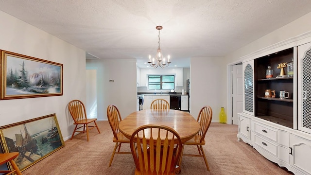 dining space featuring baseboards, light carpet, and a chandelier