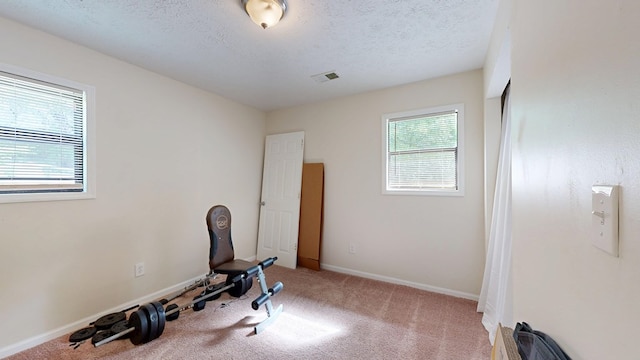 exercise room featuring carpet floors, a textured ceiling, visible vents, and baseboards