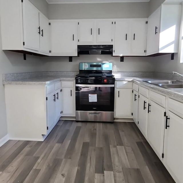 166 Pine Ridge Dr, Union Springs, AL 36089 - kitchen with gas stove, extractor fan, a sink, dark wood finished floors, and white cabinets