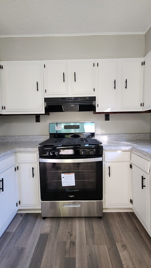 166 Pine Ridge Dr, Union Springs, AL 36089 - kitchen with gas stove, under cabinet range hood, a textured ceiling, dark wood-style floors, and white cabinetry
