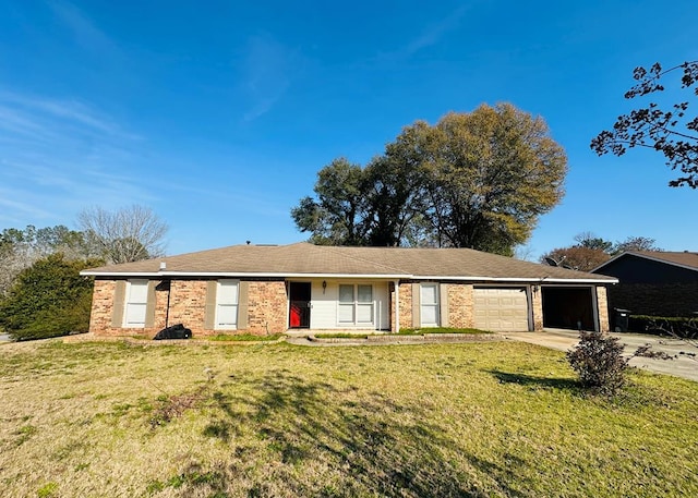 ranch-style house with a garage, a front yard, brick siding, and driveway