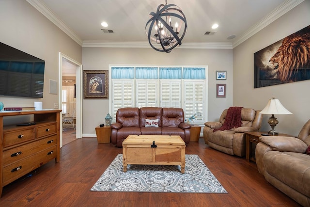 living area featuring a chandelier, crown molding, dark wood-style flooring, recessed lighting, and baseboards