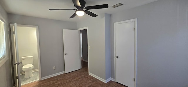 1526 Barcelona Dr, Columbus, GA 31907 - unfurnished bedroom featuring ensuite bathroom, baseboards, visible vents, a ceiling fan, and wood finished floors