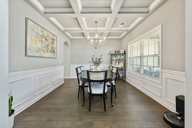 2013 Hereford Ln, Columbus, GA 31904 - dining area with a chandelier, beamed ceiling, coffered ceiling, arched walkways, and dark wood finished floors