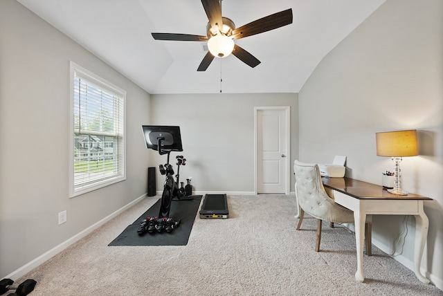 2013 Hereford Ln, Columbus, GA 31904 - workout room with lofted ceiling, a ceiling fan, carpet floors, and baseboards